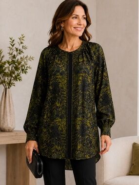NWT Antonio Melani Sage Bloom Satin Blouse XL Boho Floral Dolman Sleeve Top